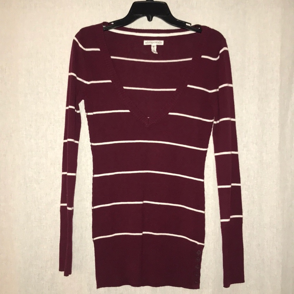 Maroon striped v-neck sweater